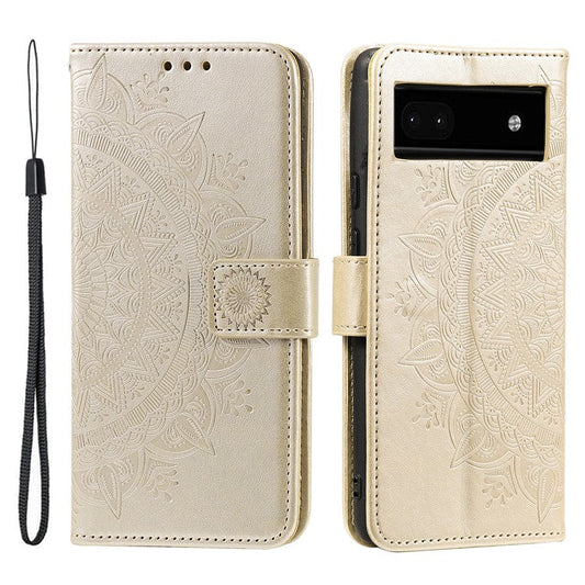 For Google Pixel 7a Imprinted Mandala Flower Phone Case PU Leather Wallet Stand Magnetic Clasp Cover with Strap - Gold