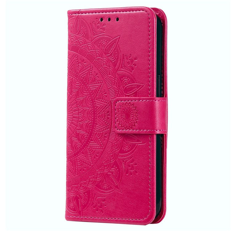 For Google Pixel 7a Imprinted Mandala Flower Phone Case PU Leather Wallet Stand Magnetic Clasp Cover with Strap - Rose