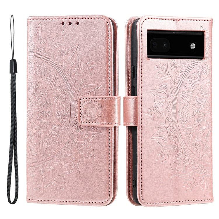 For Google Pixel 7a Imprinted Mandala Flower Phone Case PU Leather Wallet Stand Magnetic Clasp Cover with Strap - Rose Gold