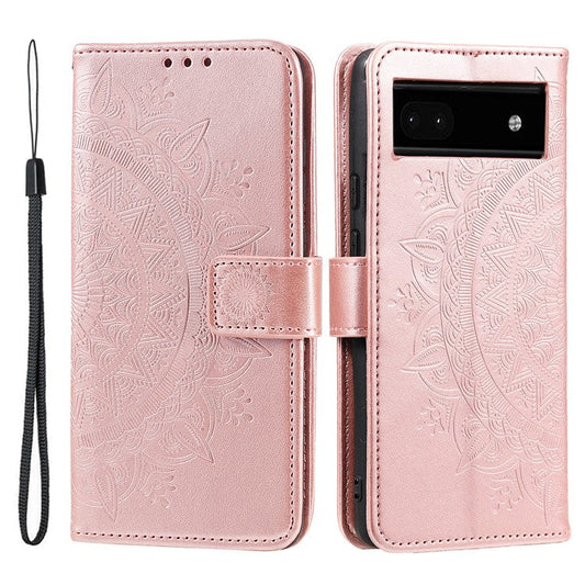 For Google Pixel 7a Imprinted Mandala Flower Phone Case PU Leather Wallet Stand Magnetic Clasp Cover with Strap - Rose Gold