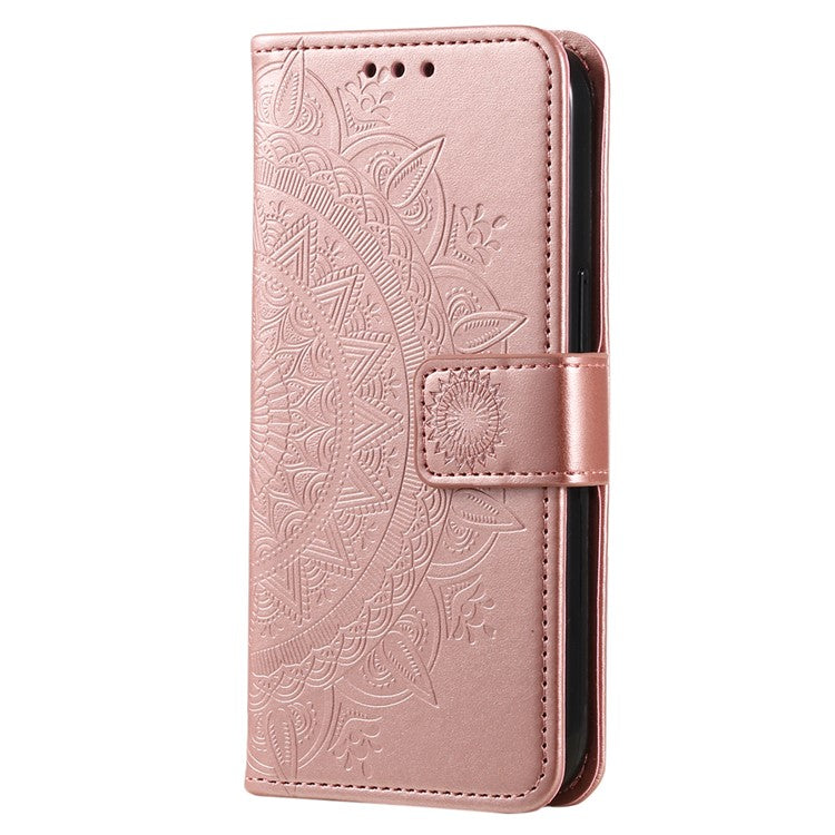 For Google Pixel 7a Imprinted Mandala Flower Phone Case PU Leather Wallet Stand Magnetic Clasp Cover with Strap - Rose Gold