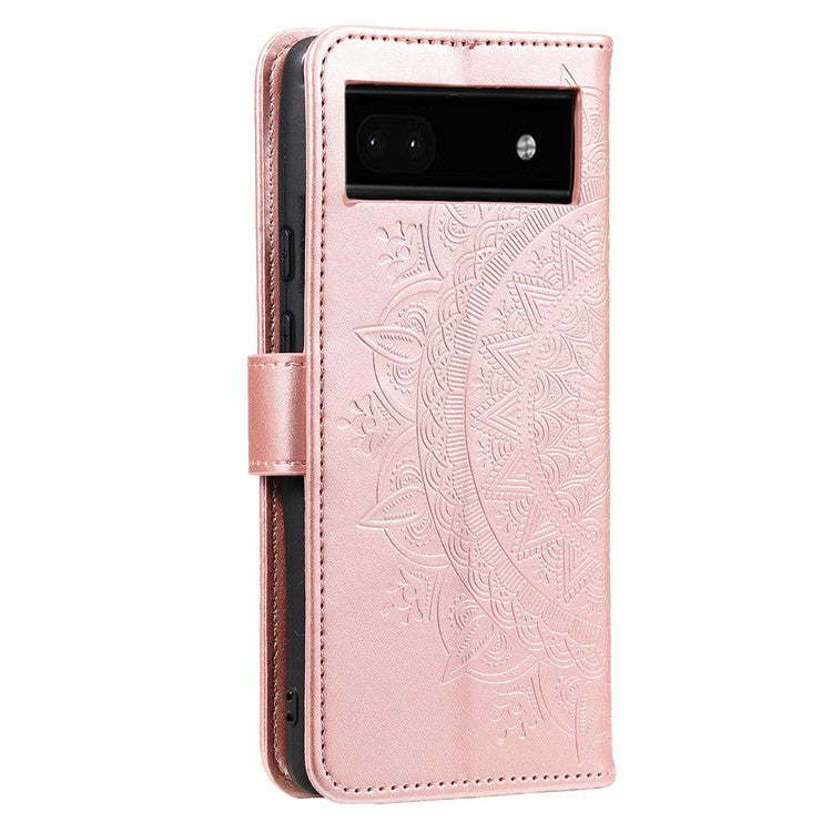 For Google Pixel 7a Imprinted Mandala Flower Phone Case PU Leather Wallet Stand Magnetic Clasp Cover with Strap - Rose Gold