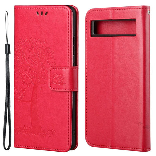 For Google Pixel 7a Imprinted Owl Tree Pattern PU Leather Stand Case Drop-proof Phone Wallet Cover - Red