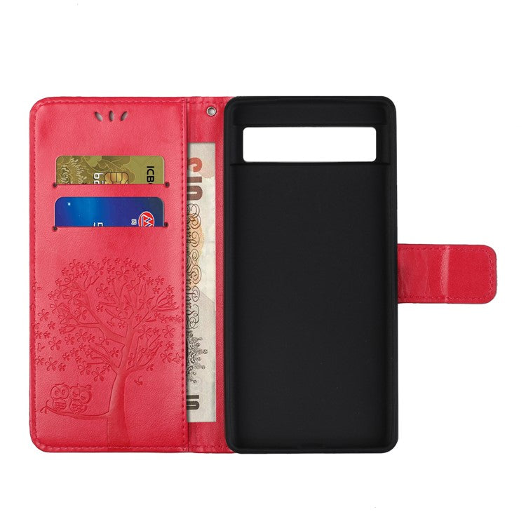 For Google Pixel 7a Imprinted Owl Tree Pattern PU Leather Stand Case Drop-proof Phone Wallet Cover - Red