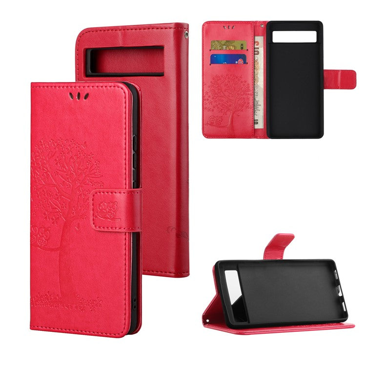 For Google Pixel 7a Imprinted Owl Tree Pattern PU Leather Stand Case Drop-proof Phone Wallet Cover - Red