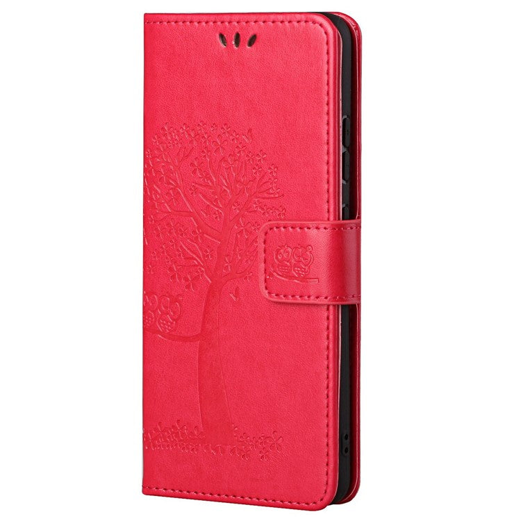 For Google Pixel 7a Imprinted Owl Tree Pattern PU Leather Stand Case Drop-proof Phone Wallet Cover - Red