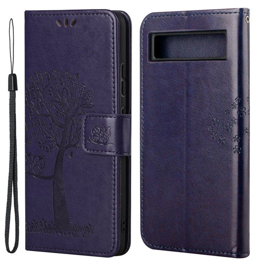 For Google Pixel 7a Imprinted Owl Tree Pattern PU Leather Stand Case Drop-proof Phone Wallet Cover - Dark Purple