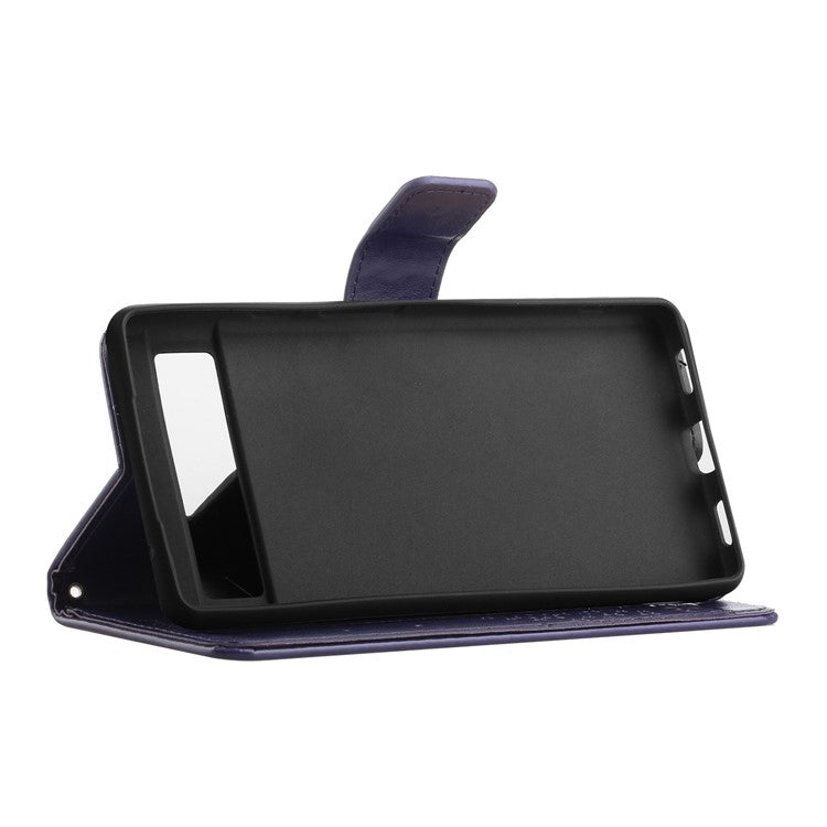 For Google Pixel 7a Imprinted Owl Tree Pattern PU Leather Stand Case Drop-proof Phone Wallet Cover - Dark Purple