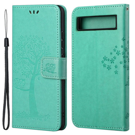 For Google Pixel 7a Imprinted Owl Tree Pattern PU Leather Stand Case Drop-proof Phone Wallet Cover - Green