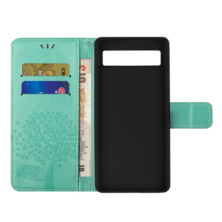 For Google Pixel 7a Imprinted Owl Tree Pattern PU Leather Stand Case Drop-proof Phone Wallet Cover - Green