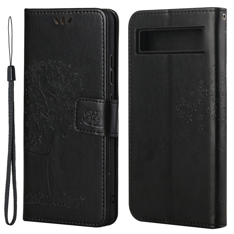 For Google Pixel 7a Imprinted Owl Tree Pattern PU Leather Stand Case Drop-proof Phone Wallet Cover - Black