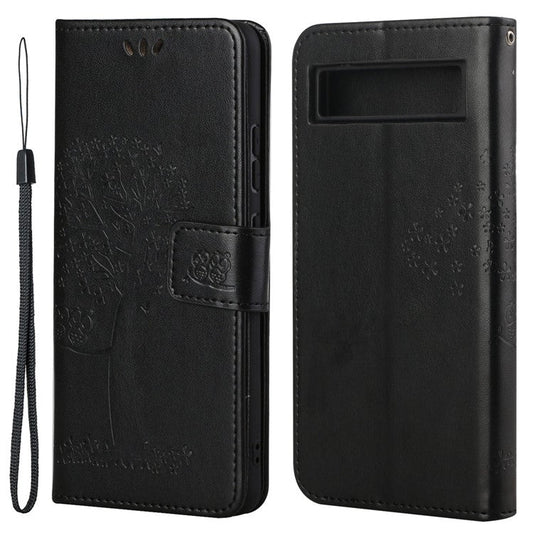 For Google Pixel 7a Imprinted Owl Tree Pattern PU Leather Stand Case Drop-proof Phone Wallet Cover - Black