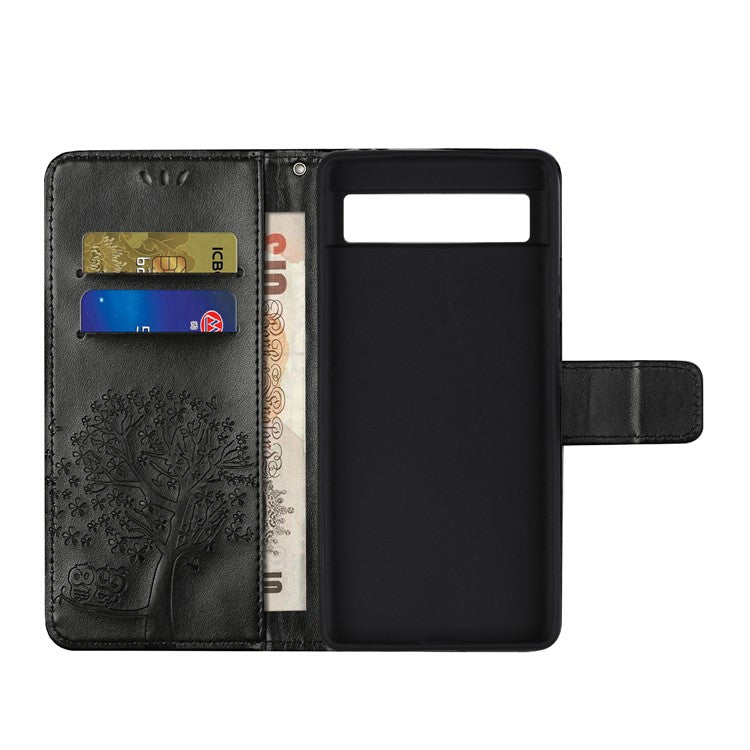 For Google Pixel 7a Imprinted Owl Tree Pattern PU Leather Stand Case Drop-proof Phone Wallet Cover - Black
