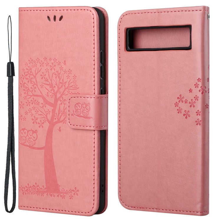 For Google Pixel 7a Imprinted Owl Tree Pattern PU Leather Stand Case Drop-proof Phone Wallet Cover - Pink