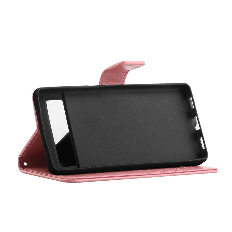 For Google Pixel 7a Imprinted Owl Tree Pattern PU Leather Stand Case Drop-proof Phone Wallet Cover - Pink