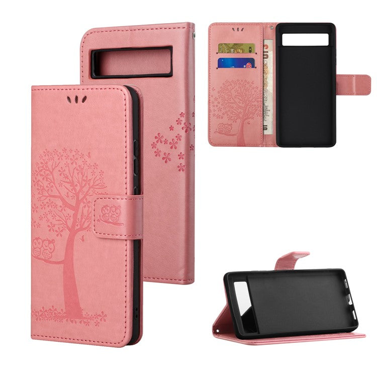 For Google Pixel 7a Imprinted Owl Tree Pattern PU Leather Stand Case Drop-proof Phone Wallet Cover - Pink