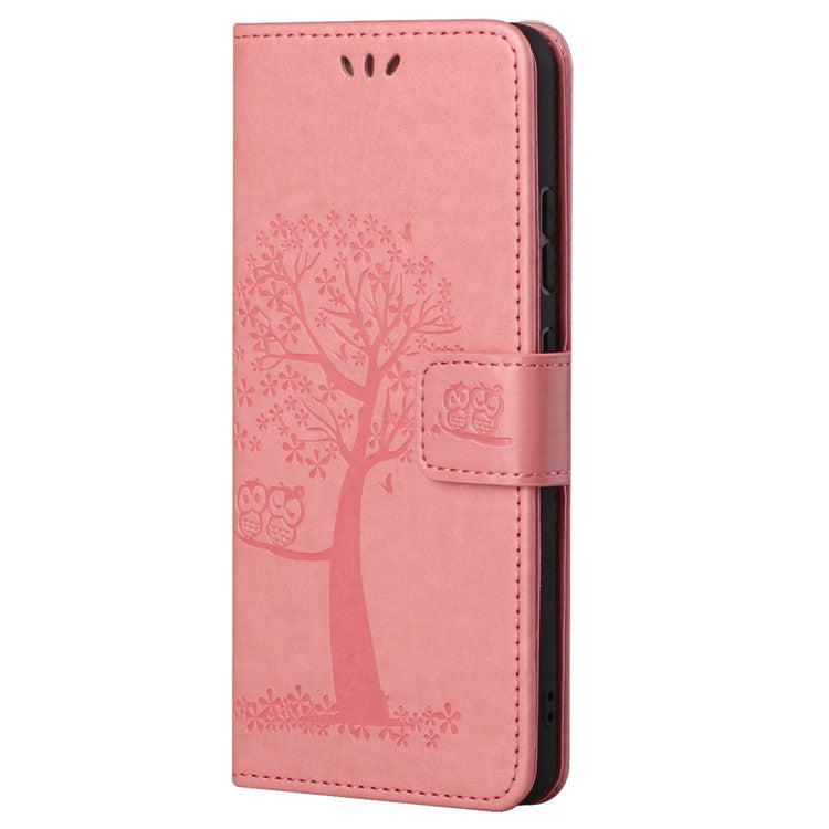 For Google Pixel 7a Imprinted Owl Tree Pattern PU Leather Stand Case Drop-proof Phone Wallet Cover - Pink