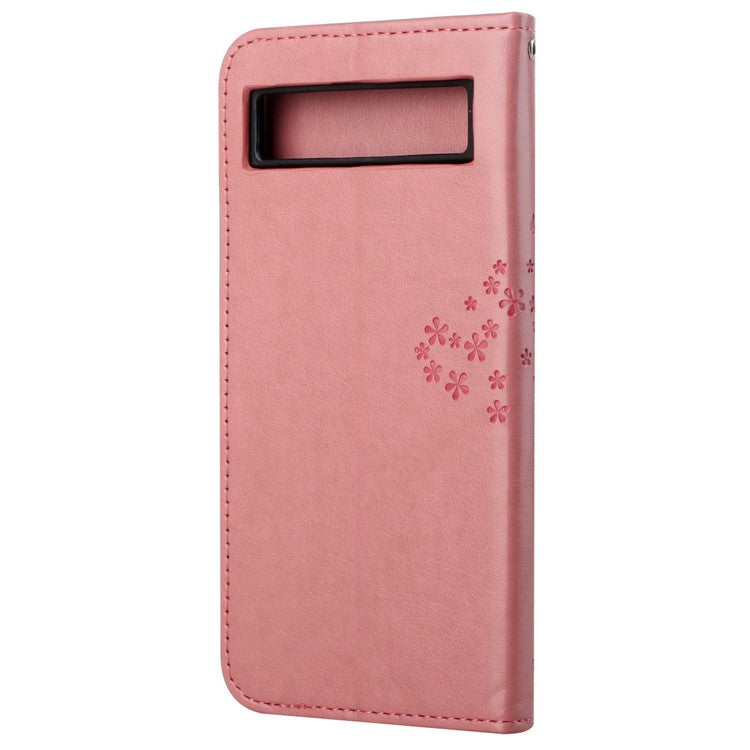 For Google Pixel 7a Imprinted Owl Tree Pattern PU Leather Stand Case Drop-proof Phone Wallet Cover - Pink