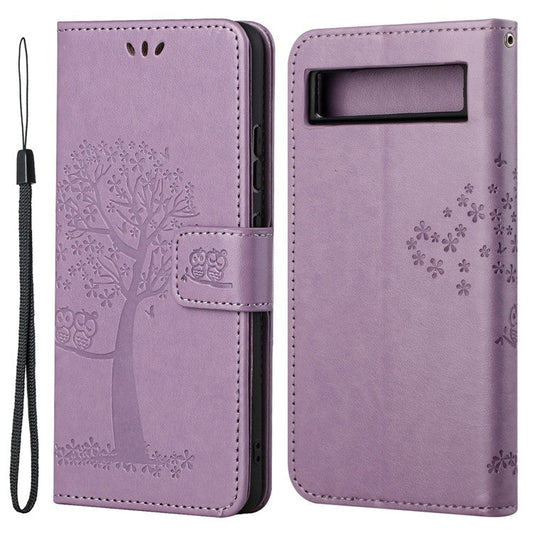 For Google Pixel 7a Imprinted Owl Tree Pattern PU Leather Stand Case Drop-proof Phone Wallet Cover - Purple