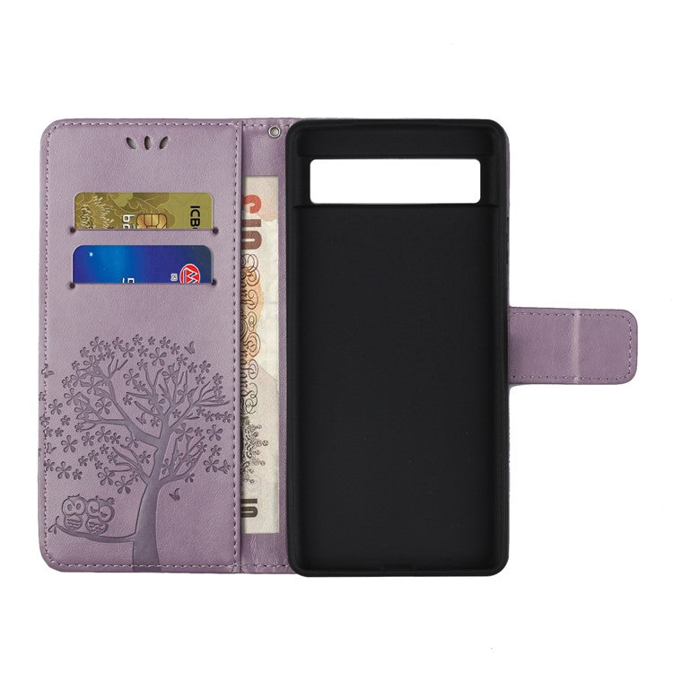 For Google Pixel 7a Imprinted Owl Tree Pattern PU Leather Stand Case Drop-proof Phone Wallet Cover - Purple