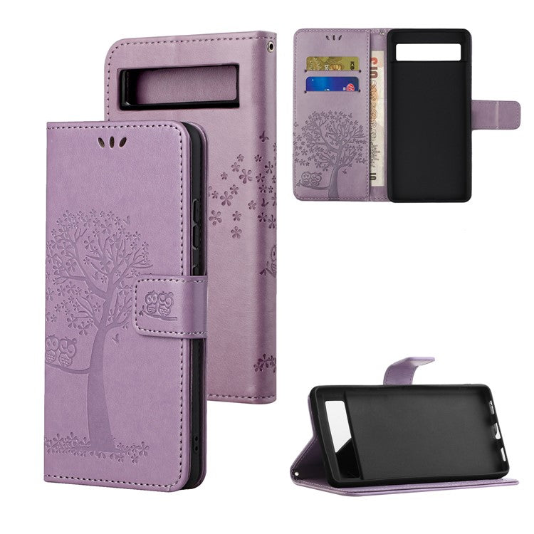 For Google Pixel 7a Imprinted Owl Tree Pattern PU Leather Stand Case Drop-proof Phone Wallet Cover - Purple