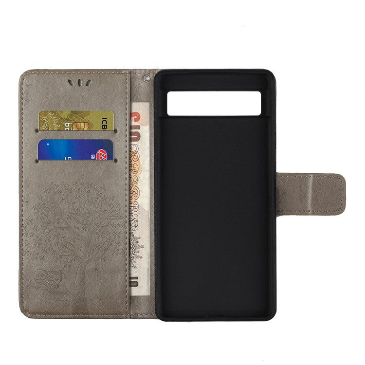 For Google Pixel 7a Imprinted Owl Tree Pattern PU Leather Stand Case Drop-proof Phone Wallet Cover - Grey