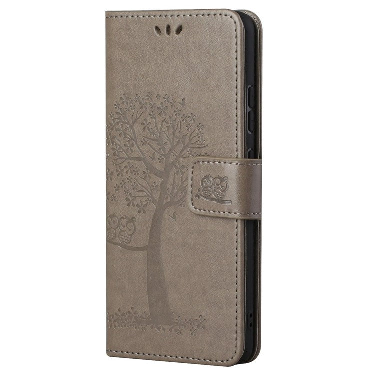 For Google Pixel 7a Imprinted Owl Tree Pattern PU Leather Stand Case Drop-proof Phone Wallet Cover - Grey