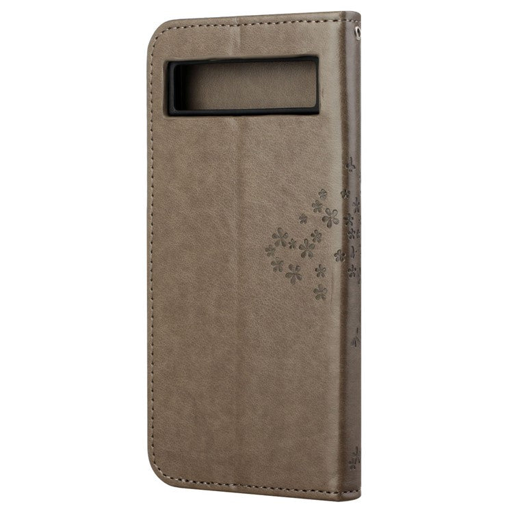 For Google Pixel 7a Imprinted Owl Tree Pattern PU Leather Stand Case Drop-proof Phone Wallet Cover - Grey