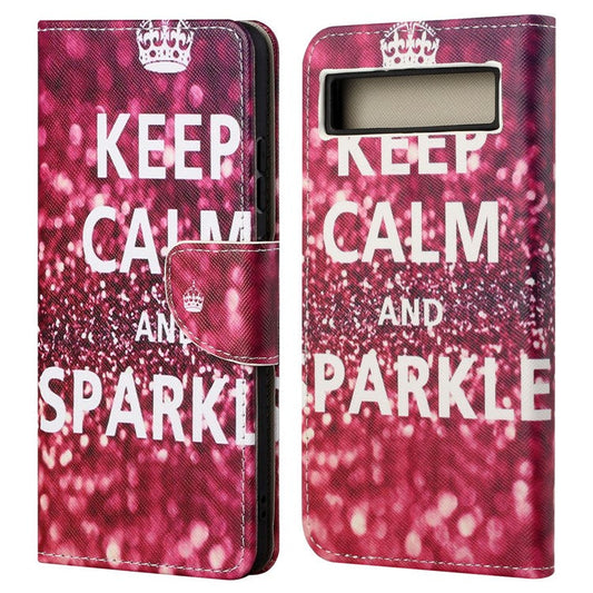 For Google Pixel 7a Cross Texture PU Leather Phone Case Pattern Printing Wallet Stand Full Body Flip Folio Cover - Keep Calm and Sparkle