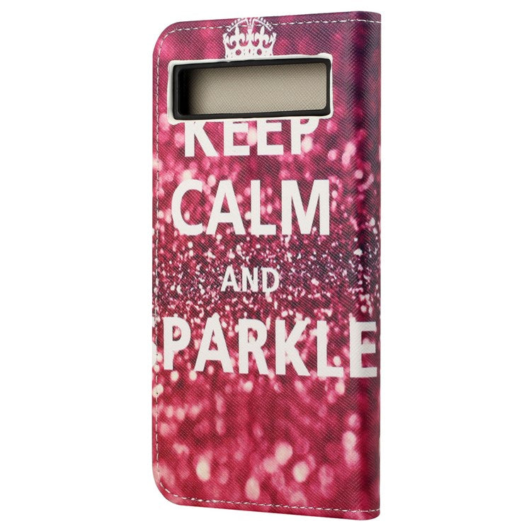 For Google Pixel 7a Cross Texture PU Leather Phone Case Pattern Printing Wallet Stand Full Body Flip Folio Cover - Keep Calm and Sparkle