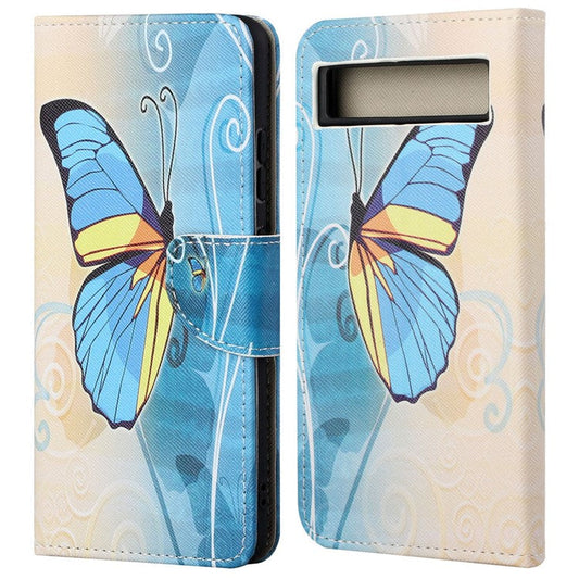 For Google Pixel 7a Cross Texture PU Leather Phone Case Pattern Printing Wallet Stand Full Body Flip Folio Cover - Butterfly