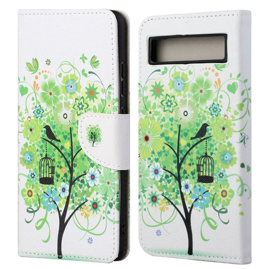 For Google Pixel 7a Cross Texture PU Leather Phone Case Pattern Printing Wallet Stand Full Body Flip Folio Cover - Green Tree