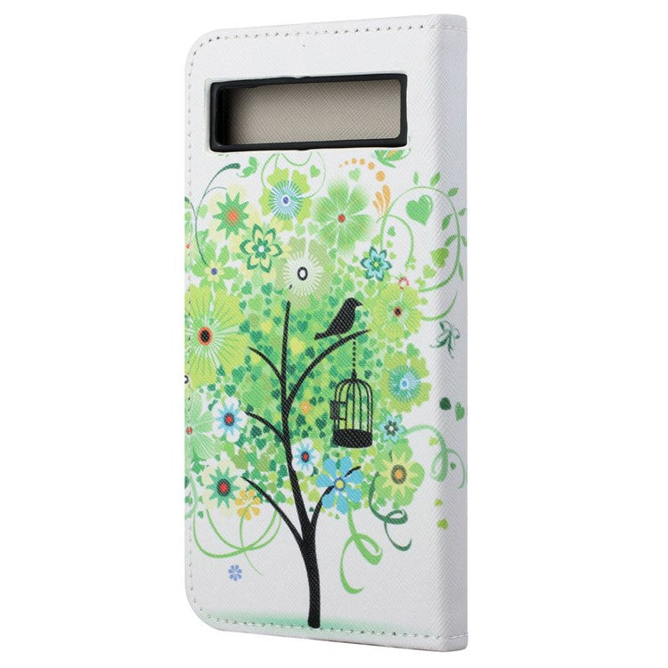 For Google Pixel 7a Cross Texture PU Leather Phone Case Pattern Printing Wallet Stand Full Body Flip Folio Cover - Green Tree