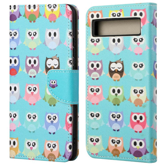 For Google Pixel 7a Cross Texture PU Leather Phone Case Pattern Printing Wallet Stand Full Body Flip Folio Cover - Owls