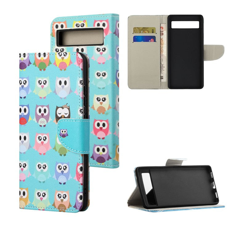 For Google Pixel 7a Cross Texture PU Leather Phone Case Pattern Printing Wallet Stand Full Body Flip Folio Cover - Owls
