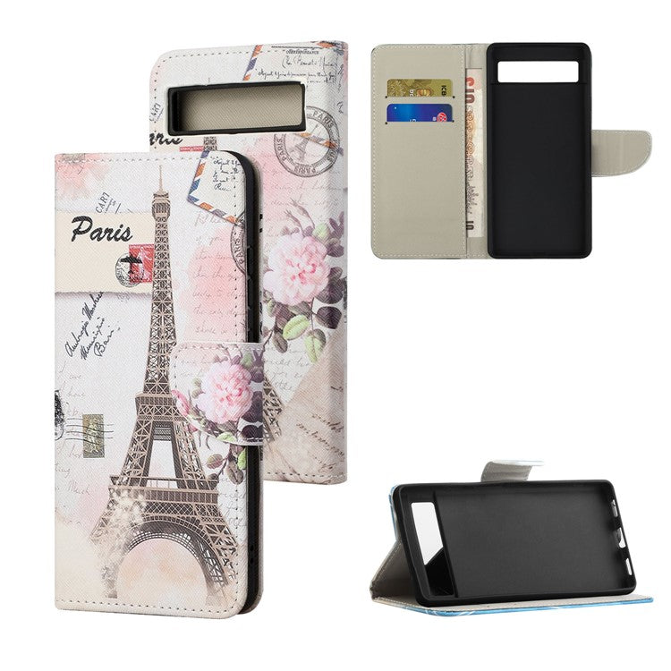 For Google Pixel 7a Cross Texture PU Leather Phone Case Pattern Printing Wallet Stand Full Body Flip Folio Cover - Tower