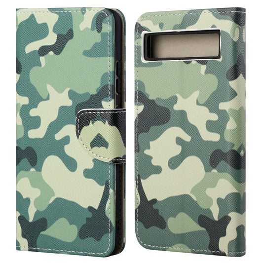 For Google Pixel 7a Cross Texture PU Leather Phone Case Pattern Printing Wallet Stand Full Body Flip Folio Cover - Camouflage