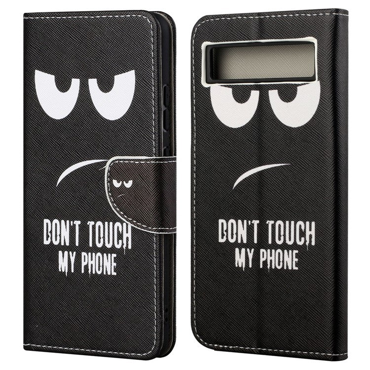 For Google Pixel 7a Cross Texture PU Leather Phone Case Pattern Printing Wallet Stand Full Body Flip Folio Cover - Don't Touch My Phone