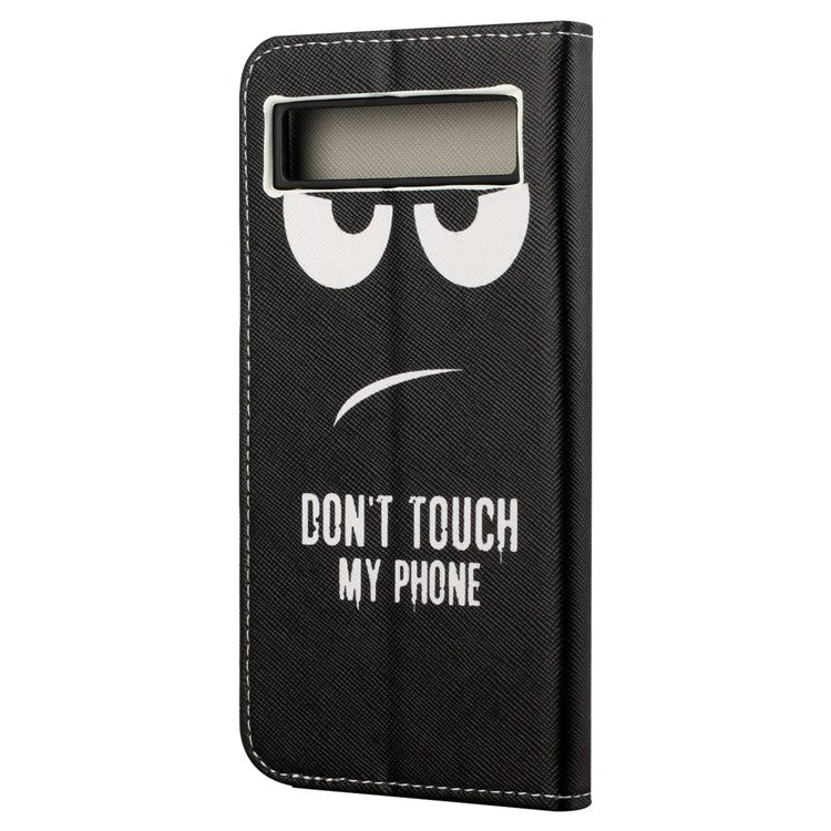 For Google Pixel 7a Cross Texture PU Leather Phone Case Pattern Printing Wallet Stand Full Body Flip Folio Cover - Don't Touch My Phone