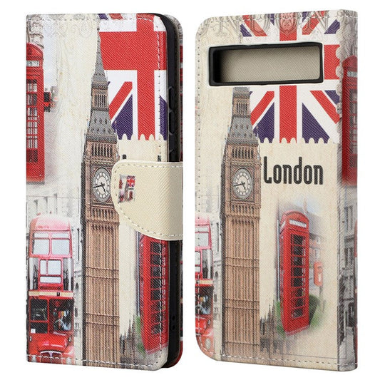 For Google Pixel 7a Cross Texture PU Leather Phone Case Pattern Printing Wallet Stand Full Body Flip Folio Cover - London Big Ben