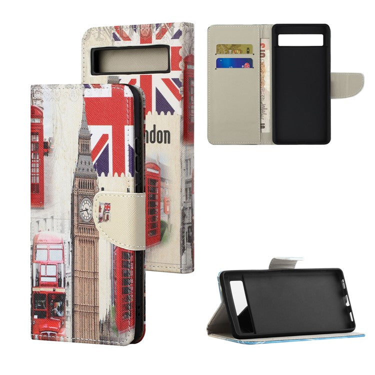 For Google Pixel 7a Cross Texture PU Leather Phone Case Pattern Printing Wallet Stand Full Body Flip Folio Cover - London Big Ben