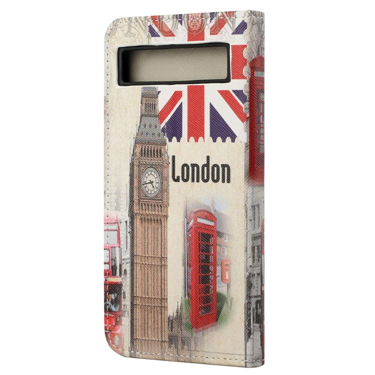 For Google Pixel 7a Cross Texture PU Leather Phone Case Pattern Printing Wallet Stand Full Body Flip Folio Cover - London Big Ben