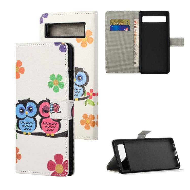 For Google Pixel 7a Pattern Printing PU Leather Wallet Cover Stand Magnetic Closure Protective Phone Case - Couple Owls