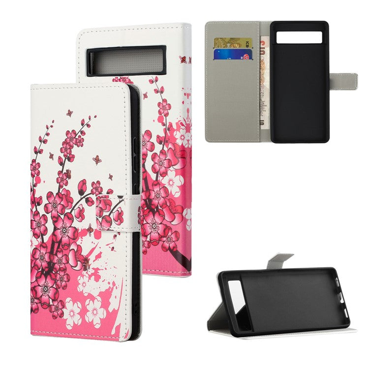 For Google Pixel 7a Pattern Printing PU Leather Wallet Cover Stand Magnetic Closure Protective Phone Case - Plum Blossom