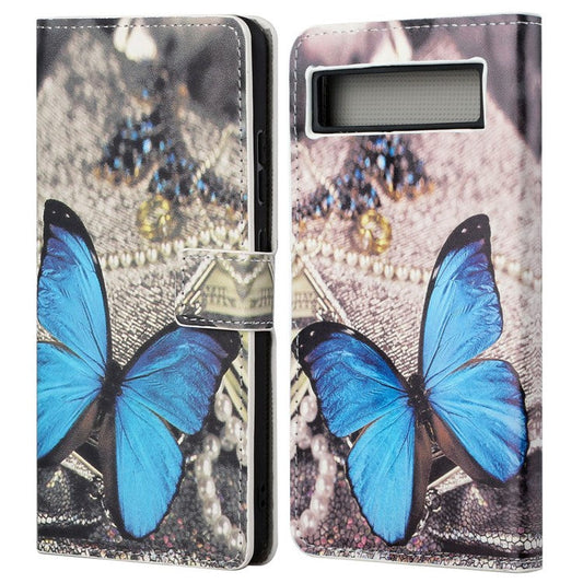 For Google Pixel 7a Pattern Printing PU Leather Wallet Cover Stand Magnetic Closure Protective Phone Case - Blue Butterfly