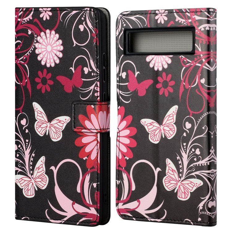 For Google Pixel 7a Pattern Printing PU Leather Wallet Cover Stand Magnetic Closure Protective Phone Case - Black  /  Butterflies