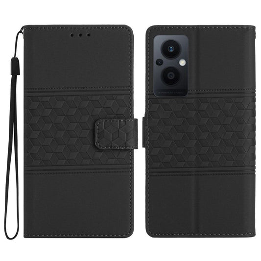 PU Leather Retro Imprinted Pattern Phone Cover for Oppo Reno8 Lite 5G / Reno7 Z 5G, Flip Wallet Stand Shockproof Phone Case with Strap - Black