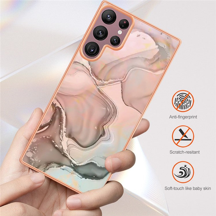 For Samsung Galaxy S23 Ultra YB IMD Series-16 Style E Marble Pattern Electroplating Frame Phone Case 2.0mm IMD Flexible TPU Back Cover - Green