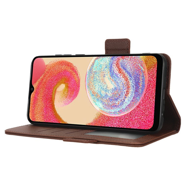 For Samsung Galaxy A04e 4G / F04 4G / M04 4G PU Leather Wallet Phone Case Dual Magnetic Clasp Litchi Texture Shockproof Flip Stand Cover - Brown