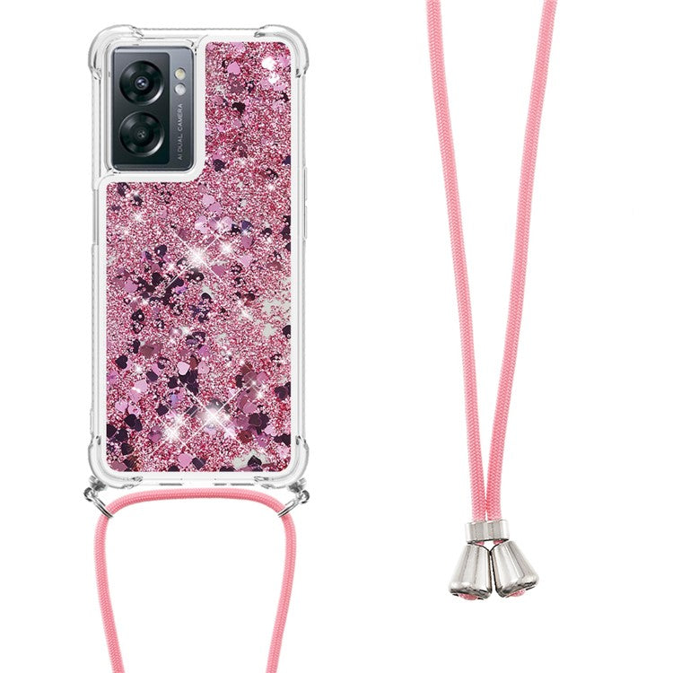 YB Quicksand Series-4 for OnePlus Nord N300 5G / Oppo A57 (2022) 5G / A77 5G / Realme Q5i / Narzo 50 5G / V23 5G Quicksand Phone Case Drop-proof Soft TPU Cover with Lanyard - Rose Gold  /  Hearts